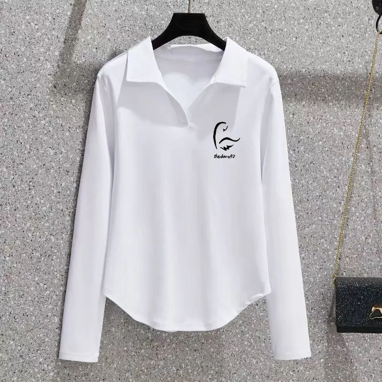 洋气长袖POLO领打底衫女2025春秋新款不规则纯棉简约百搭翻领上衣