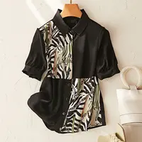 清 清 清」短袖撞色单排扣拼接女式衬衫W10240