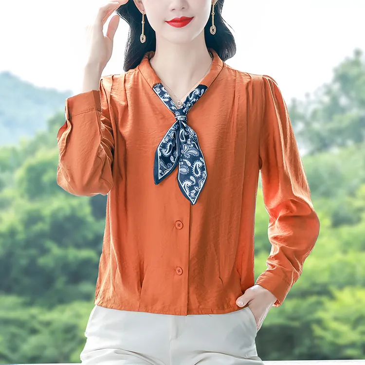 减龄气质秋季百搭时尚设计感丝巾V领长袖衬衫女宽松显瘦短款上衣