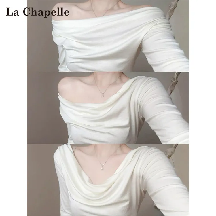 拉夏贝尔白色斜肩荡领长袖T恤女春秋冬款修身内搭打底衫露肩上衣