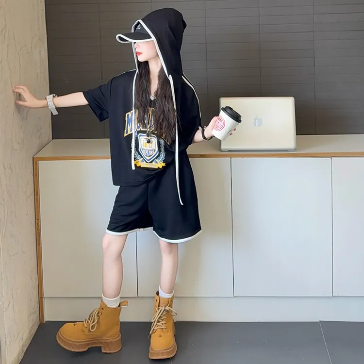 2025夏季新款时髦潮酷连帽休闲运动套装女童中大童两件套
