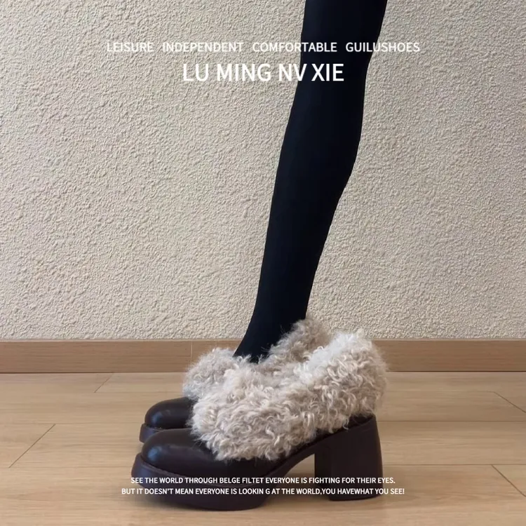 羊皮版~2025秋冬新款时尚小众圆头粗跟加绒保暖毛毛鞋女款小皮鞋