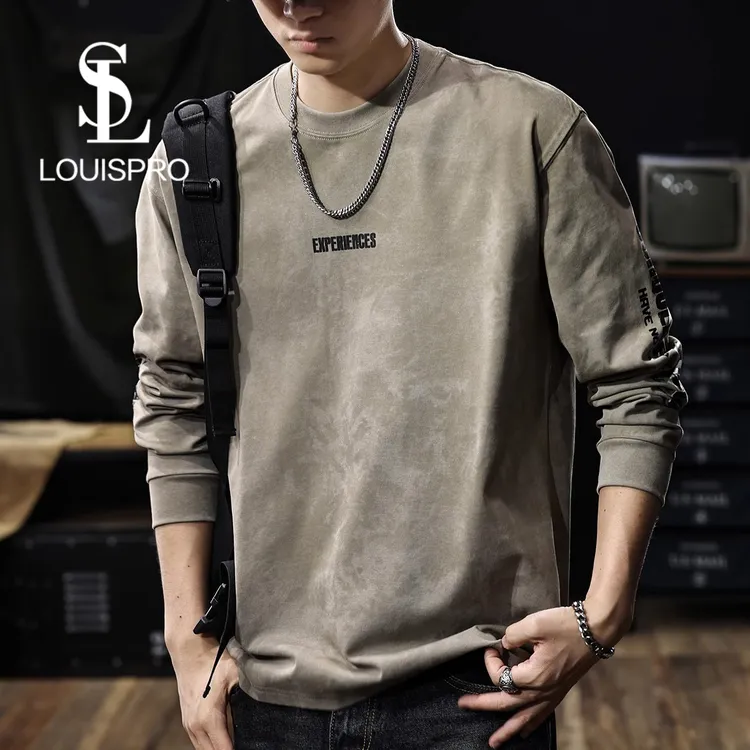 Louispro重磅美式复古提花长袖t恤男2025春季新款炒色做旧打底衫