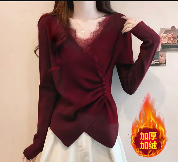 蕾丝拼接胖MM2025秋冬季大码微胖遮肉内搭纯色掐腰显瘦百搭上衣