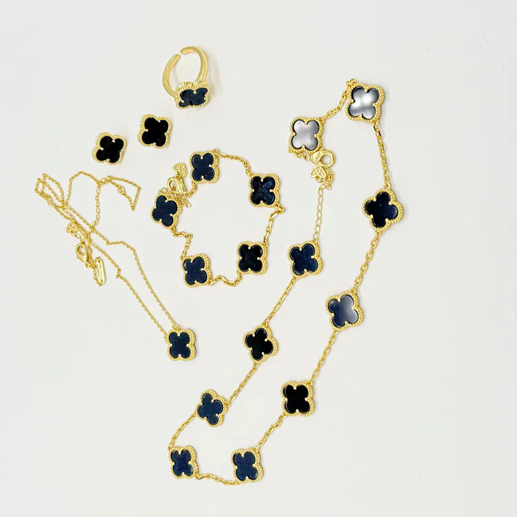 铜合金贝壳项链 铜合金贝壳项链黑色四叶花高品质五件套首饰套装