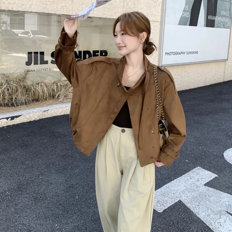 棕色复古高级感短款立领夹克外套女2025秋韩系小个子气质休闲上衣