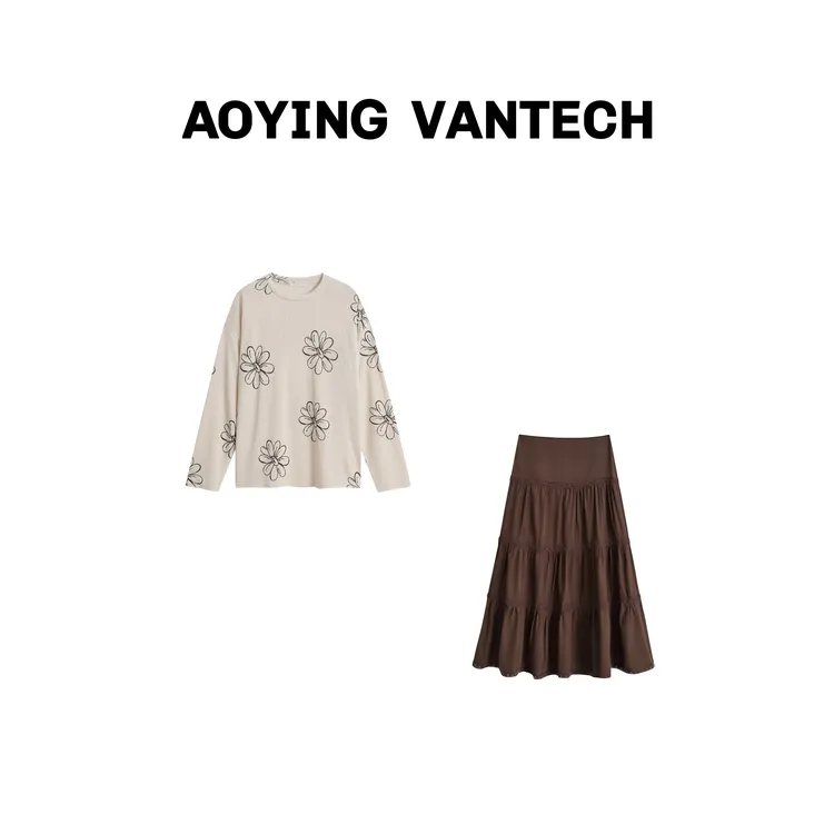 AOYING VANTECH【游牧都市】慵懒风花朵长袖T恤+巧克力半身裙套装