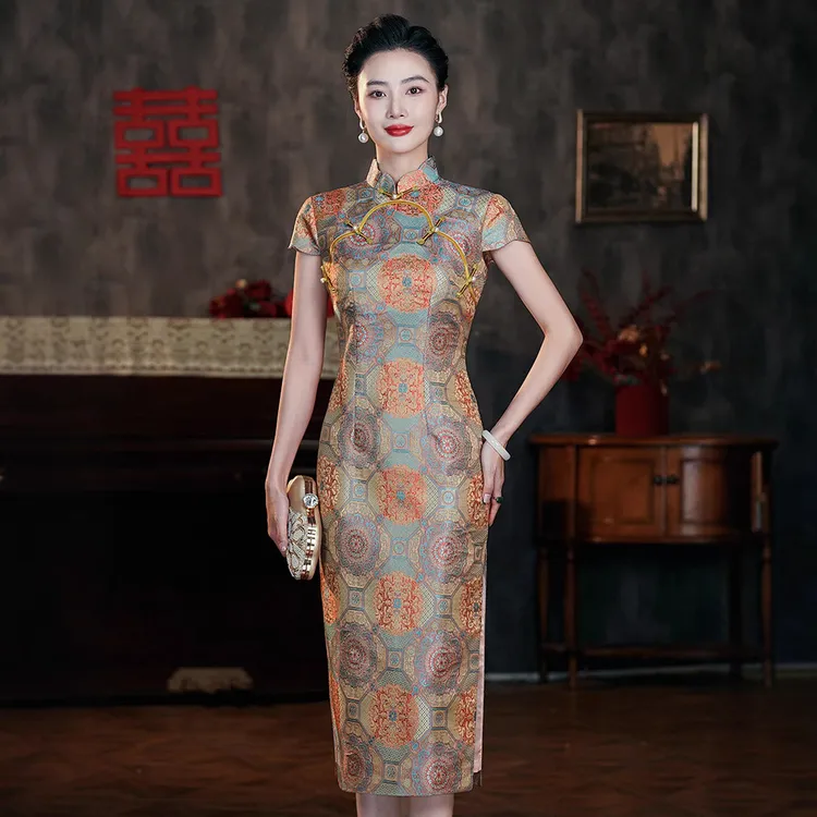 超气质复古旗袍织锦缎喜妈妈日常可穿喜婆婆婚宴礼服敬酒服N