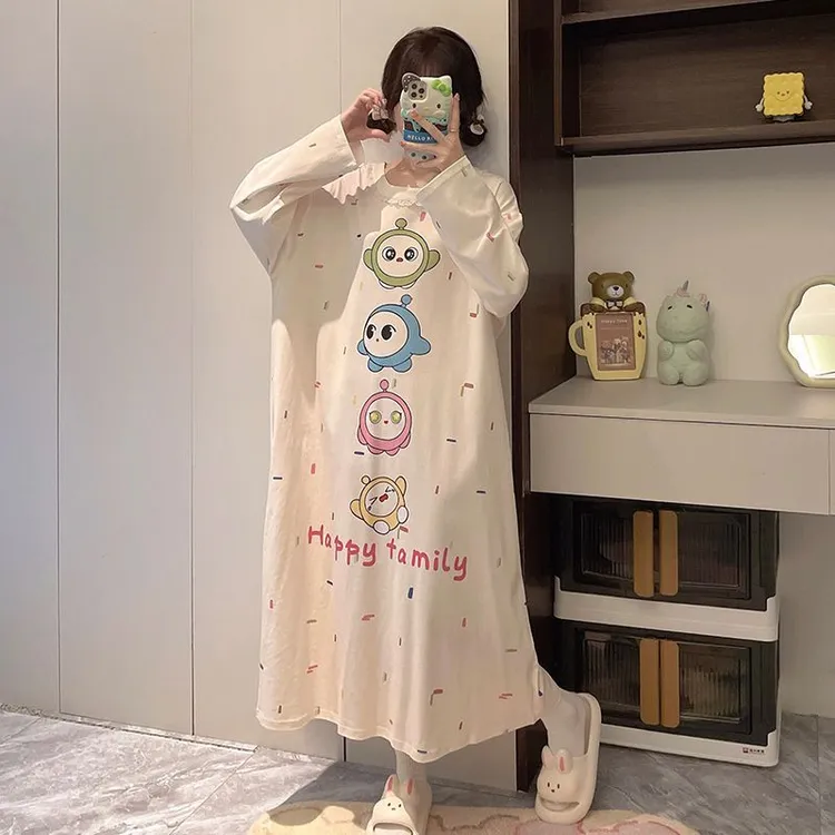 睡裙女春秋纯棉长袖女大童可爱长款过膝连衣裙初中生女孩睡衣裙子