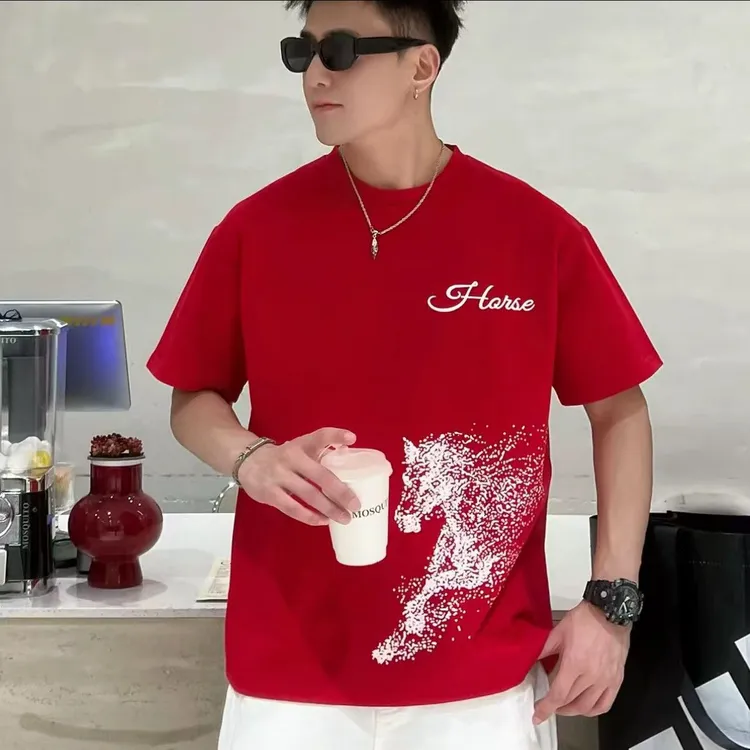 本命年红色喜庆男士国潮风纯棉短袖圆领T恤潮流百搭半袖打底衫