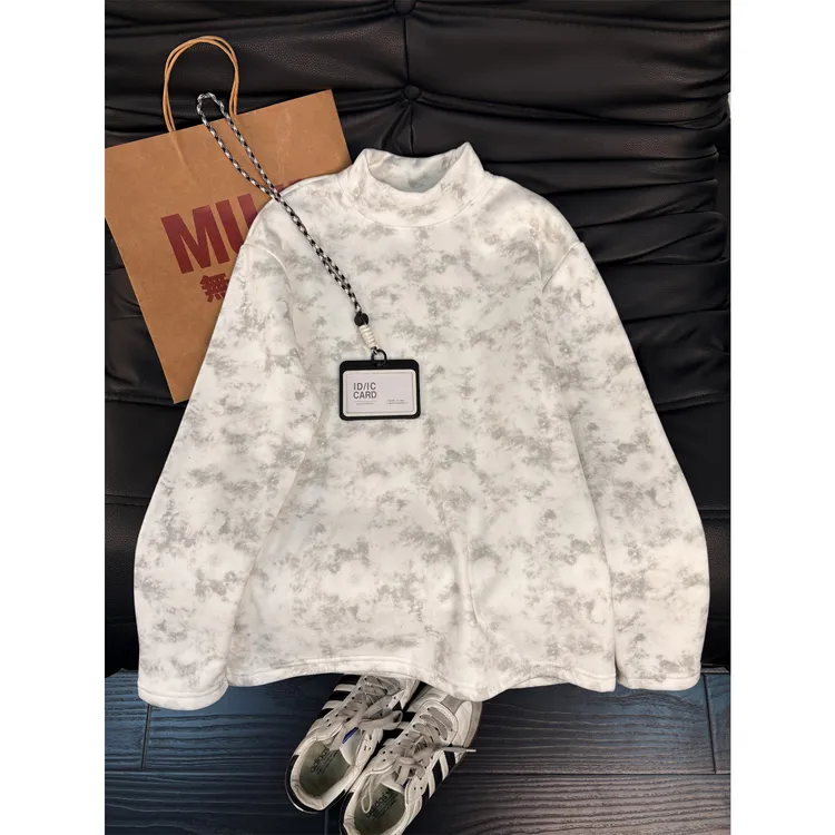 美式半高领扎染德绒打底衫秋冬男款高级感保暖卫衣慵懒感情侣上衣