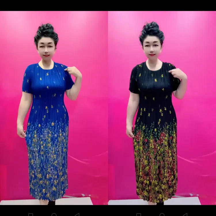 夏季宽松显瘦印花褶皱连衣裙中年妈妈减龄气质款