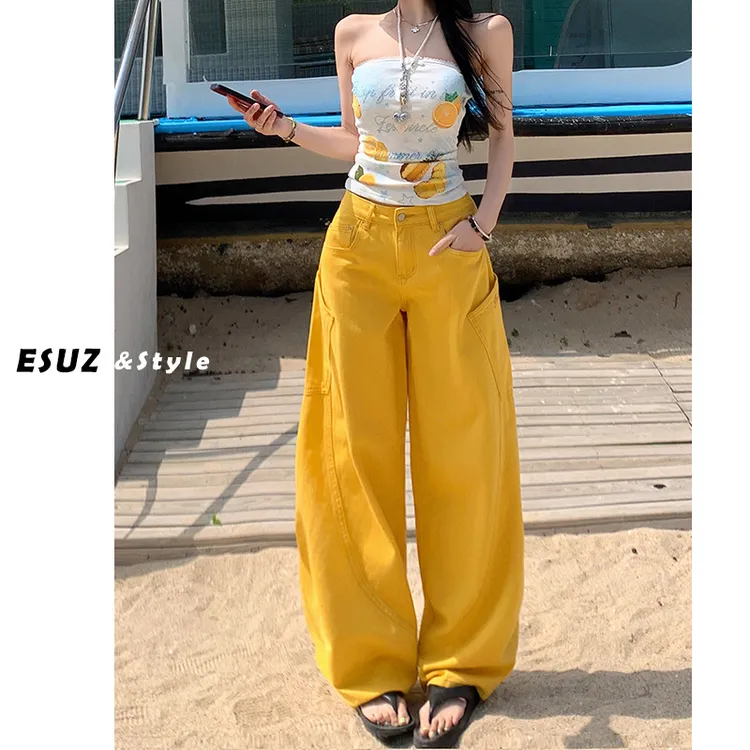 工装镰刀裤子春夏季美式2025刺绣弯刀牛仔裤女复古黄色设计感宽松