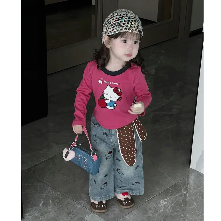 小思家2025秋季新款女童套装韩版休闲卡通印花圆领T恤直筒牛仔裤