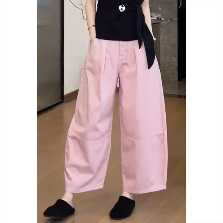 艾塔莉粉色显瘦宽松牛仔裤女夏新款百搭阔腿裤基础百搭九分直筒裤