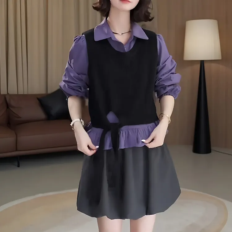 韩系减龄甜美系带针织衫马甲搭配紫色衬衫女秋季新款高级感两件套