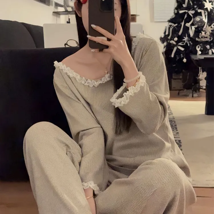睡衣女春秋季韩系简约甜美花边露背宽松长袖长裤家居服两件套装冬