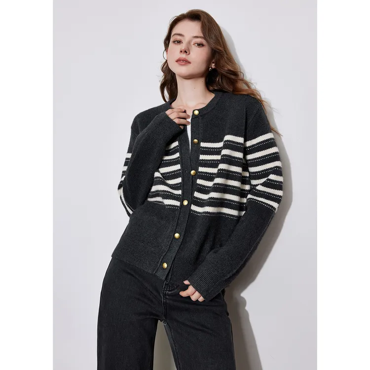 【松弛感条纹显瘦】初语针织衫外套秋冬时尚圆领单排扣长袖毛衣外搭
