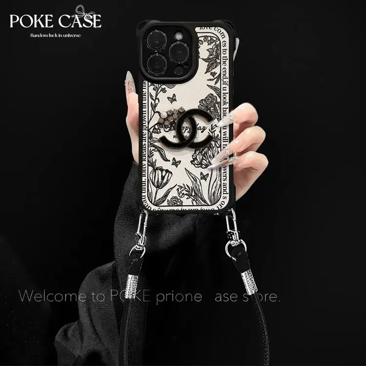 四角挂绳皮纹轻奢花花蝴蝶适用华为红米苹果vivo小米oppo手绳壳