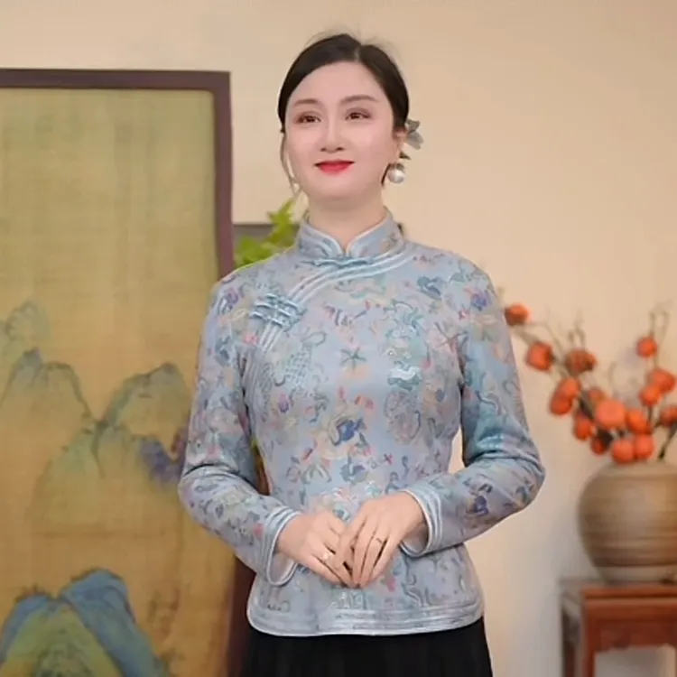 瓷萱【花似锦】冬季新款加绒旗袍上衣长袖国风新中式复古一字扣