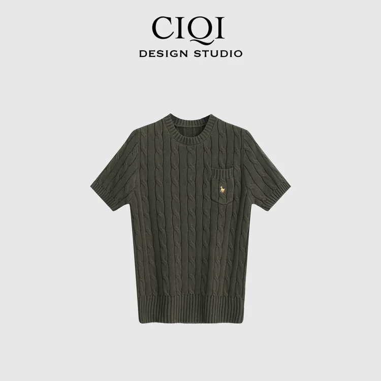 CIQI STUDIO 夏季新品拉夫100%棉休闲修身绞花短袖针织衫25804