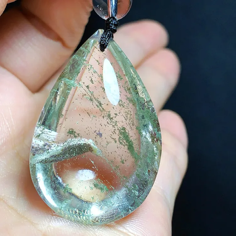 东海水晶天然千层绿幽灵水晶吊坠毛衣链平安水滴项坠男女款聚宝盆