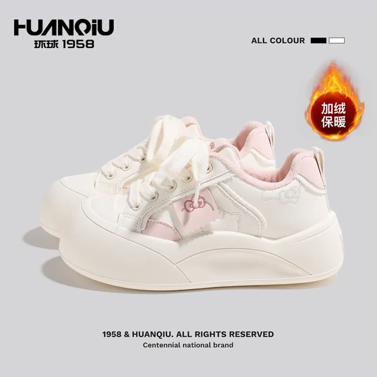 环球百搭学生加绒加厚小白鞋厚底女鞋冬季保暖防滑个性休闲鞋女