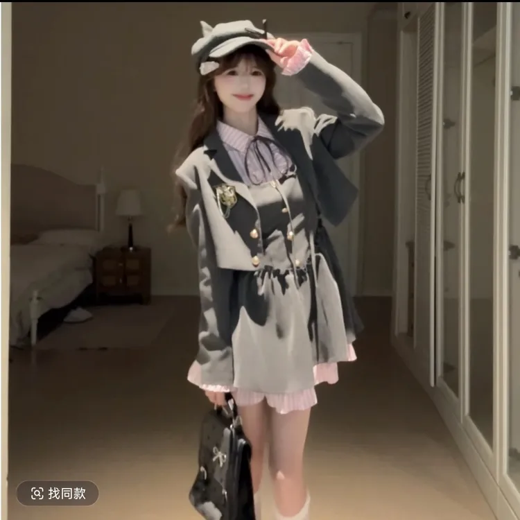 jk套装制服2025新款早秋学院风收腰衬衫西装外套辣妹短裙两件套装
