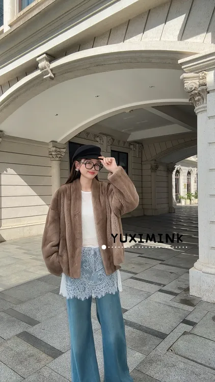 【YUXIMINK】{小南城}V领落肩宽松慵懒水貂进口短二母貂外套