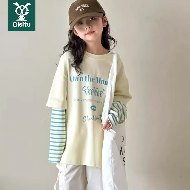 女童纯棉长袖t恤春装新款中大童假两件儿童打底衫春秋款洋气上衣