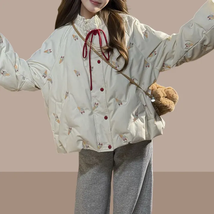 学院风短款卡通棉服女2025年秋冬季新款冰淇淋刺绣大气保暖棉衣潮