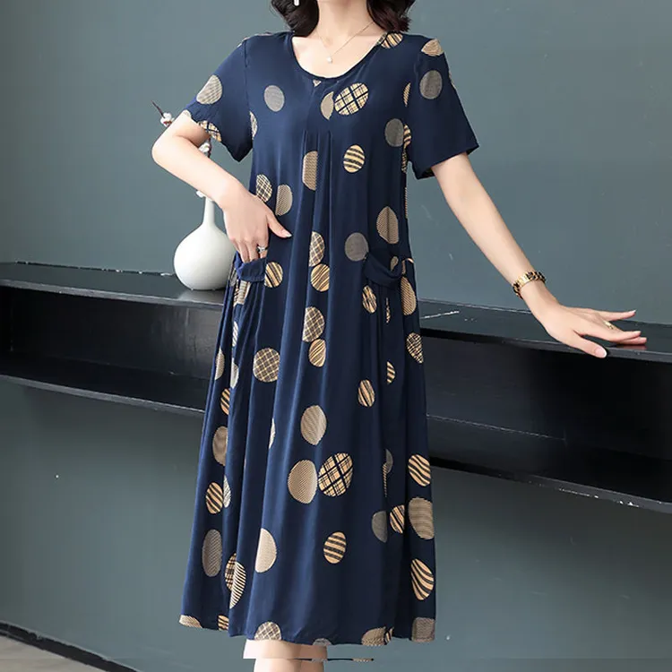 YXBB绵绸连衣裙印花裙子2023夏季新款宽松大码遮肚子长裙中老年大