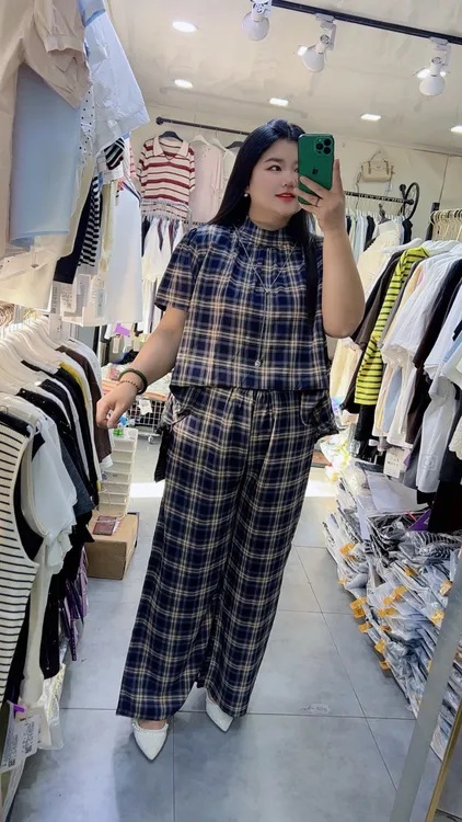 欧版格子阔腿裤洋气两件套
