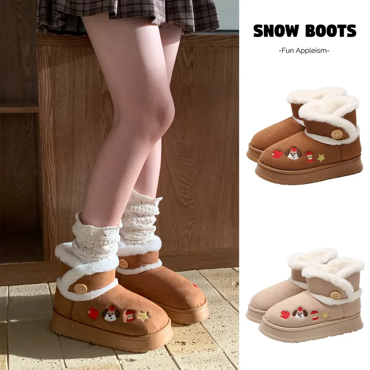 细细条 冬季户外穿雪地靴女士时尚可爱刺绣苹果小狗东北防滑棉靴