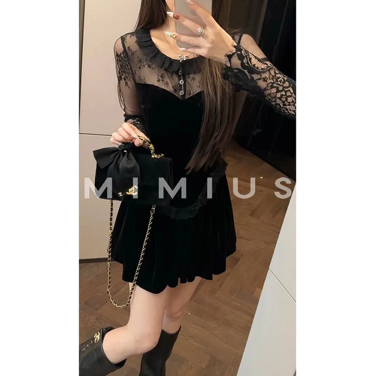 【mimius】U 26早春蕾丝花边领丝绒连衣裙 汉服 G12281