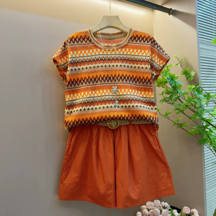 复古条纹时尚欧货气质重工显瘦遮肉夏季宽松短袖短裤两件套装