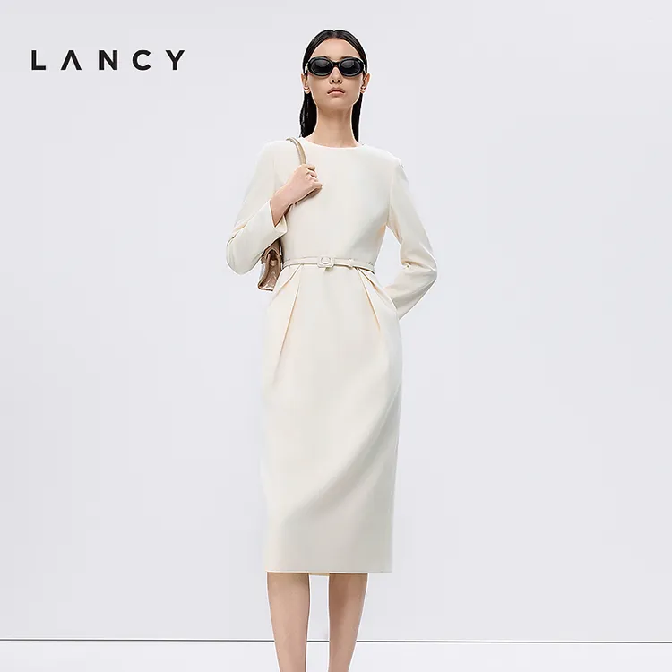 LANCY/朗姿2025秋新款气质通勤中长款收腰显瘦高级感长袖连衣裙女