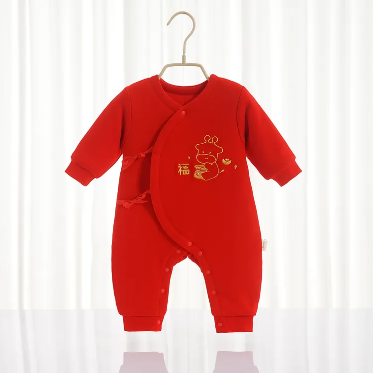 婴儿春秋款加厚满月服喜庆红色舒绒棉宝宝保暖秋冬哈衣婴幼儿爬服