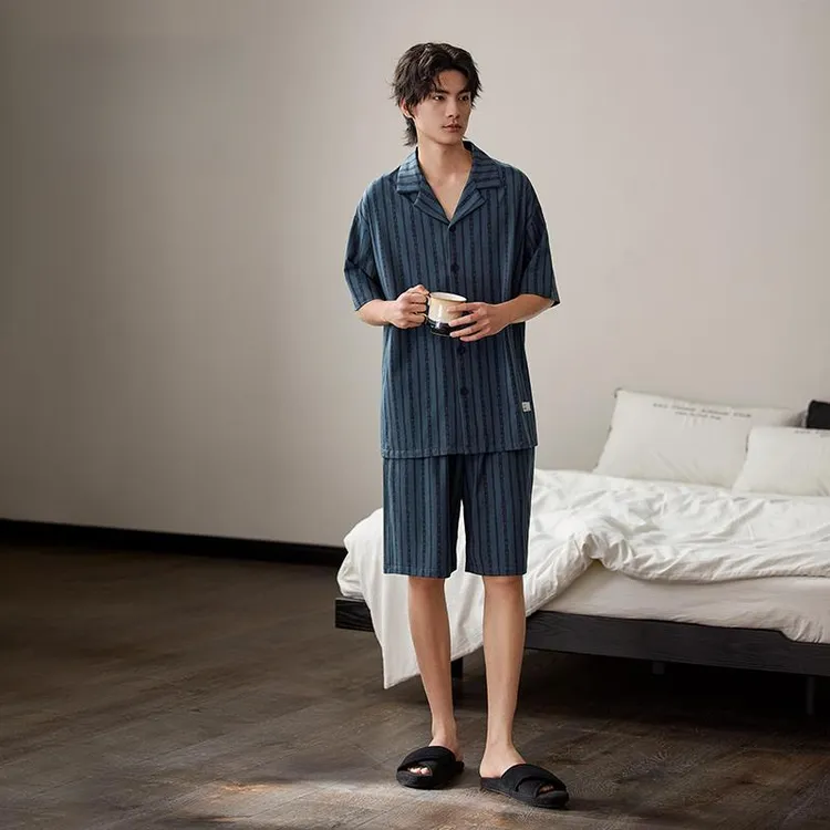 GPSUNLU高端小众睡衣男款夏季纯棉家居服时尚休闲条纹薄款可外穿