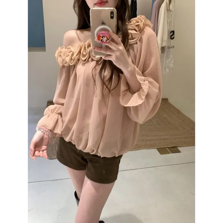 气质时尚一字领长袖秋季拼接立体装饰衬衫洋气小众雪纺衫露肩衬衣