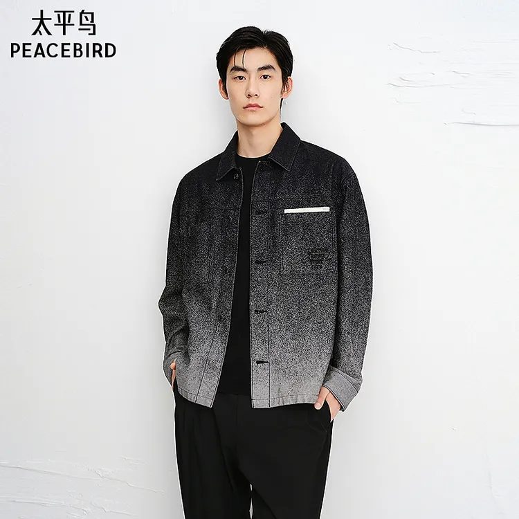 【商场同款】太平鸟男装新款夹克男士印花立领拼接牛仔B1BJF3444