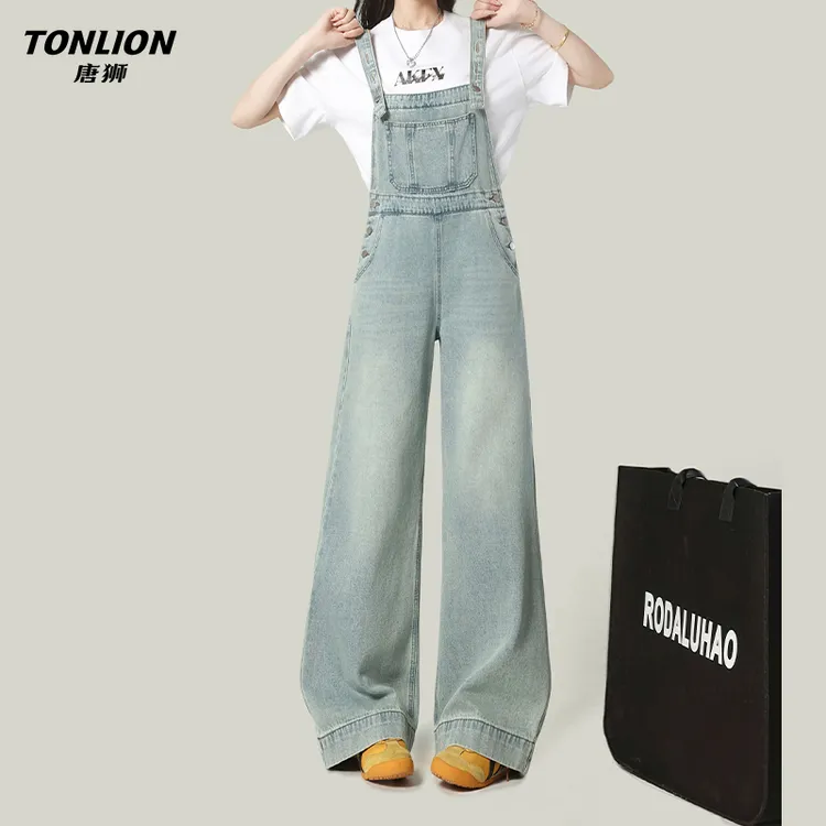唐狮美式浅蓝色阔腿牛仔背带裤女2025春季减龄宽松显瘦连体拖地裤