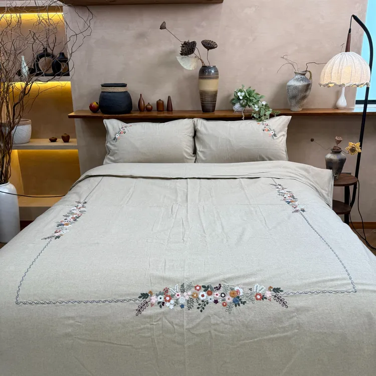 【麻代先生专属】罗布麻原麻色花篱三周刺绣四件套