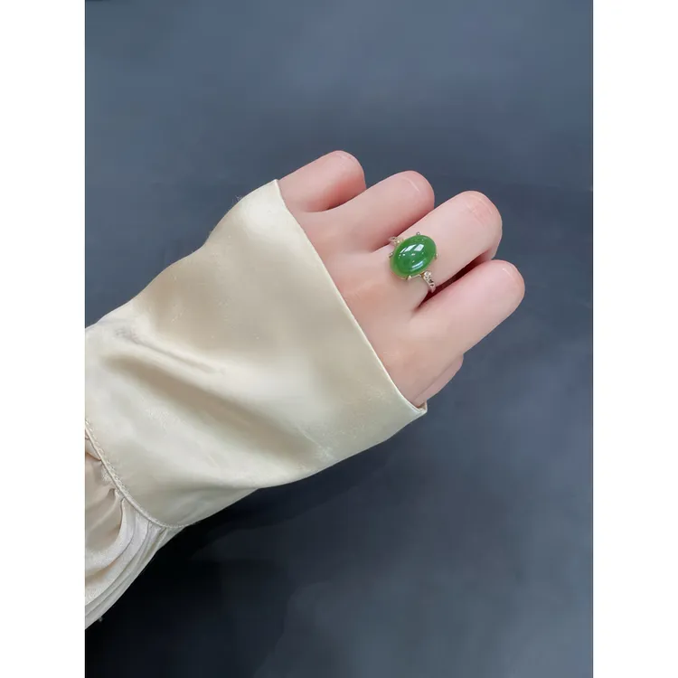 拾珍和田玉碧玉戒指双菱绿戒1号925银托优雅时尚气质高级感百搭推