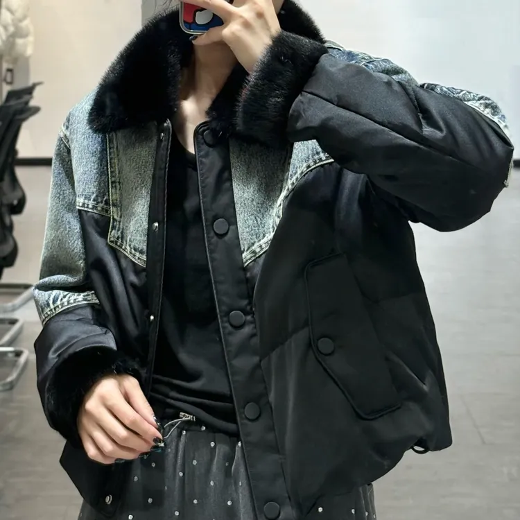 短款牛仔水貂领白鹅绒羽绒服复古时尚皮草外套