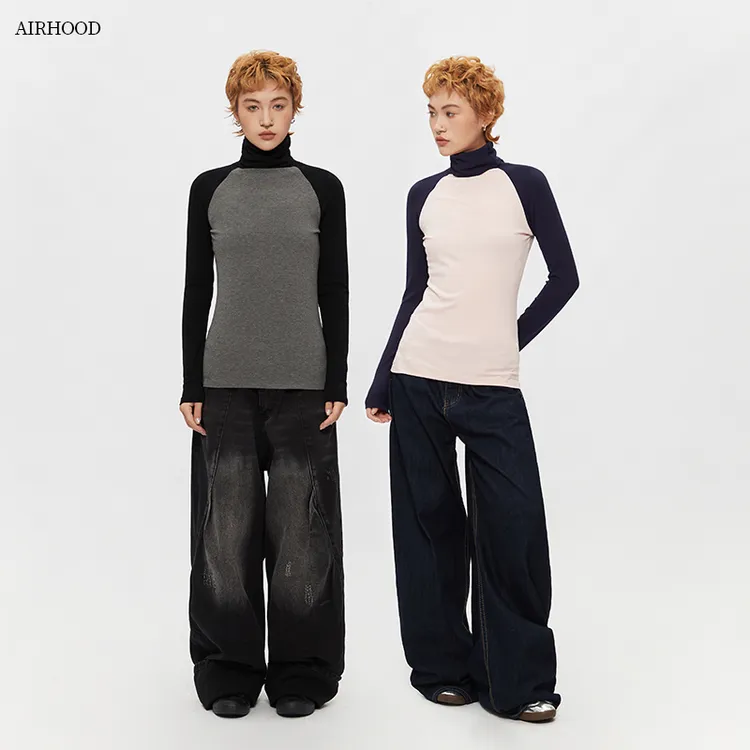 AIRHOOD 25秋季美式撞色拼接高领设计长袖T恤女修身显瘦上衣C5429