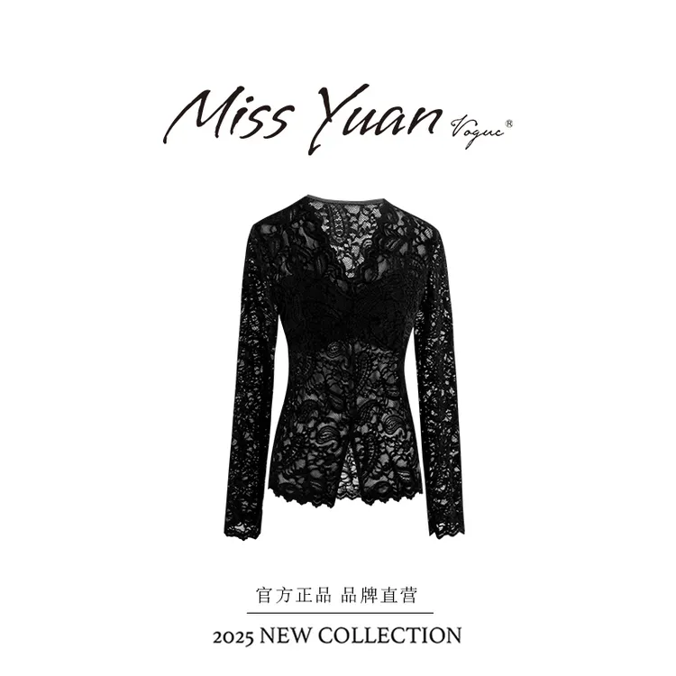 M.Y媛总 【纯欲光影】冬季新款V领百搭长袖含胸垫蕾丝衫MY3082D