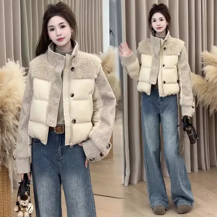 雅鹿毛毛拼接短款外套棉服女2025年冬季新款宽松显瘦百搭通勤棉衣