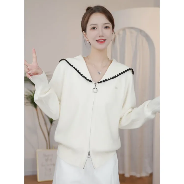 2025秋季新款韩版时尚百搭海军领拉链针织开衫显瘦毛衣上衣