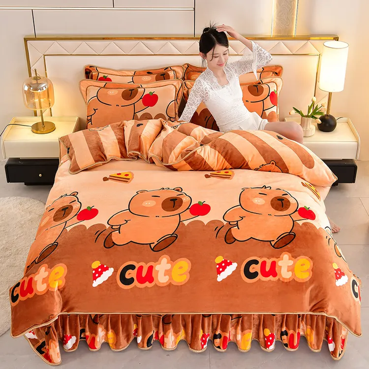 8斤高克重牛奶绒四件套加绒保暖柔软细腻双面绒床裙被套床上用品